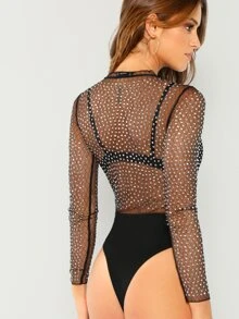 SHEIN Frill Neck Semi Sheer Bodysuit Without Bra - Black - View 2