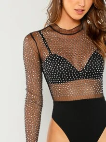 SHEIN Frill Neck Semi Sheer Bodysuit Without Bra - Black - View 3