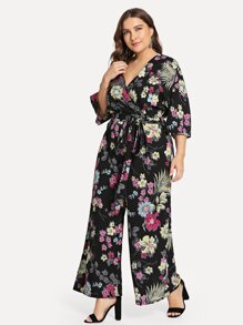 Plus Knot Front Wide Leg Botanical Jumpsuit