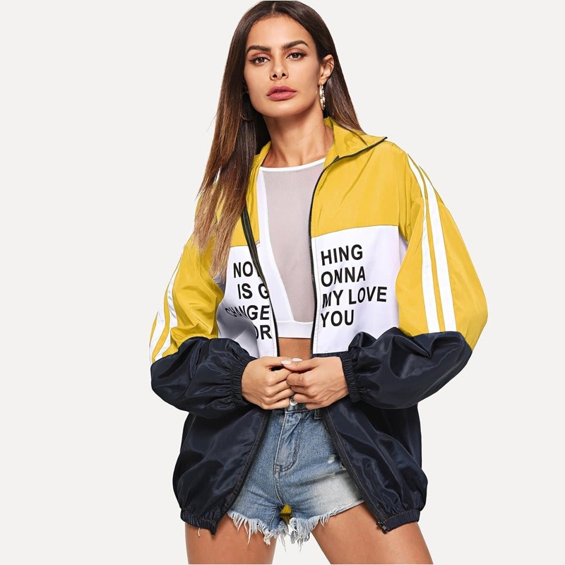 

Zip Up Color Block Letter Print Jacket, Multicolor