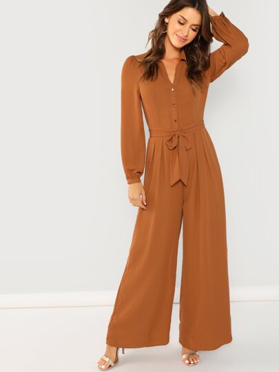 Button Half Placket Tie Waist Jumpsuit pictures