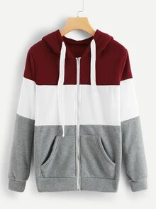 Drawstring Zip Front Hoodie - Multicolor - View 1