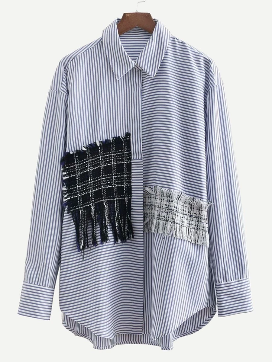 藍色休閒流蘇條紋襯衫 - 藏蓝色 - 查看 1