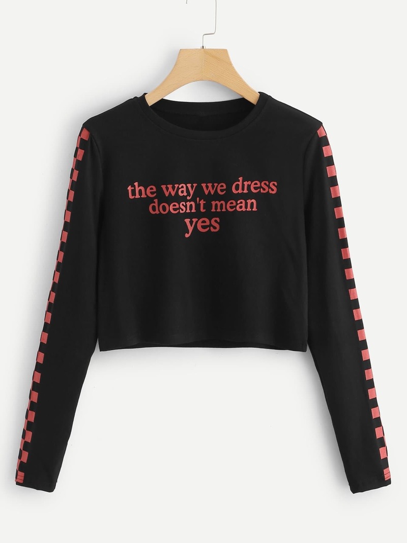 

Letter Print Plaid Panel Sleeve Tee, Black