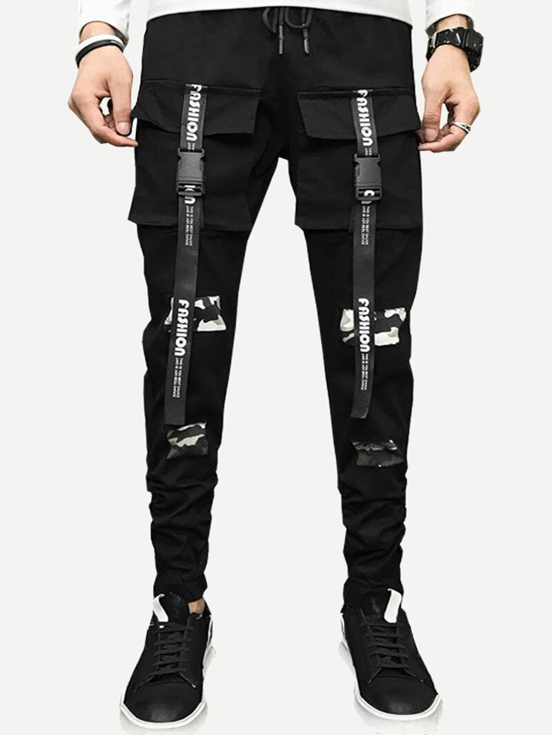 

Men Ribbon Letter Print Drawstring Pants, Black