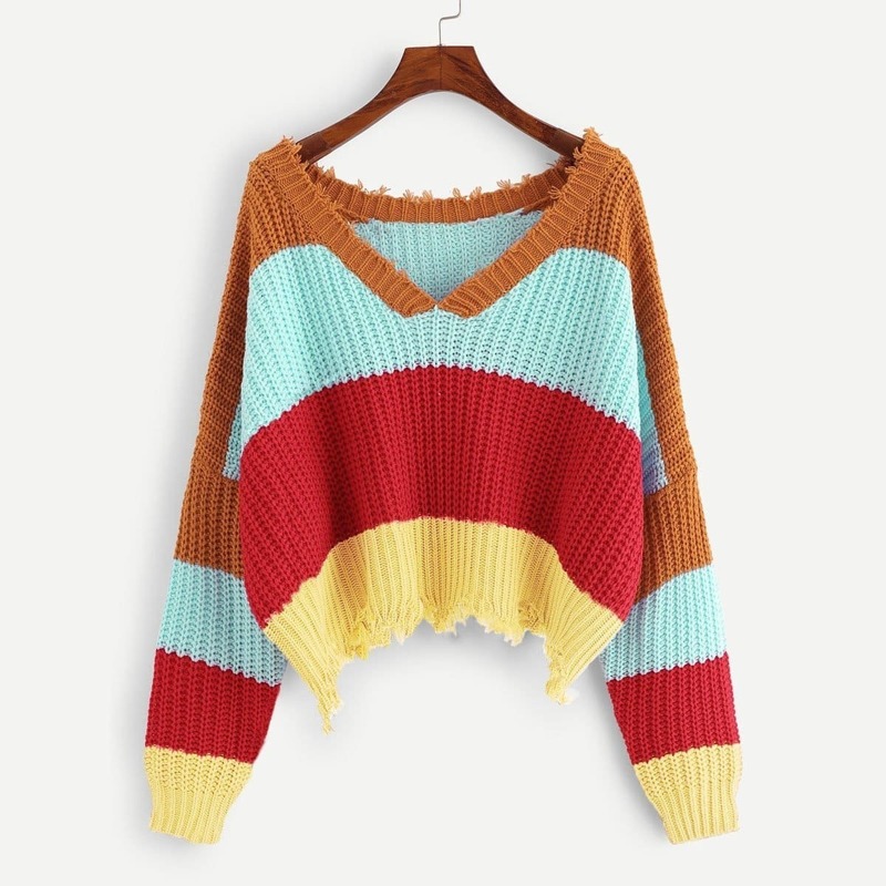 

Color Block Raw Hem Sweater, Multicolor