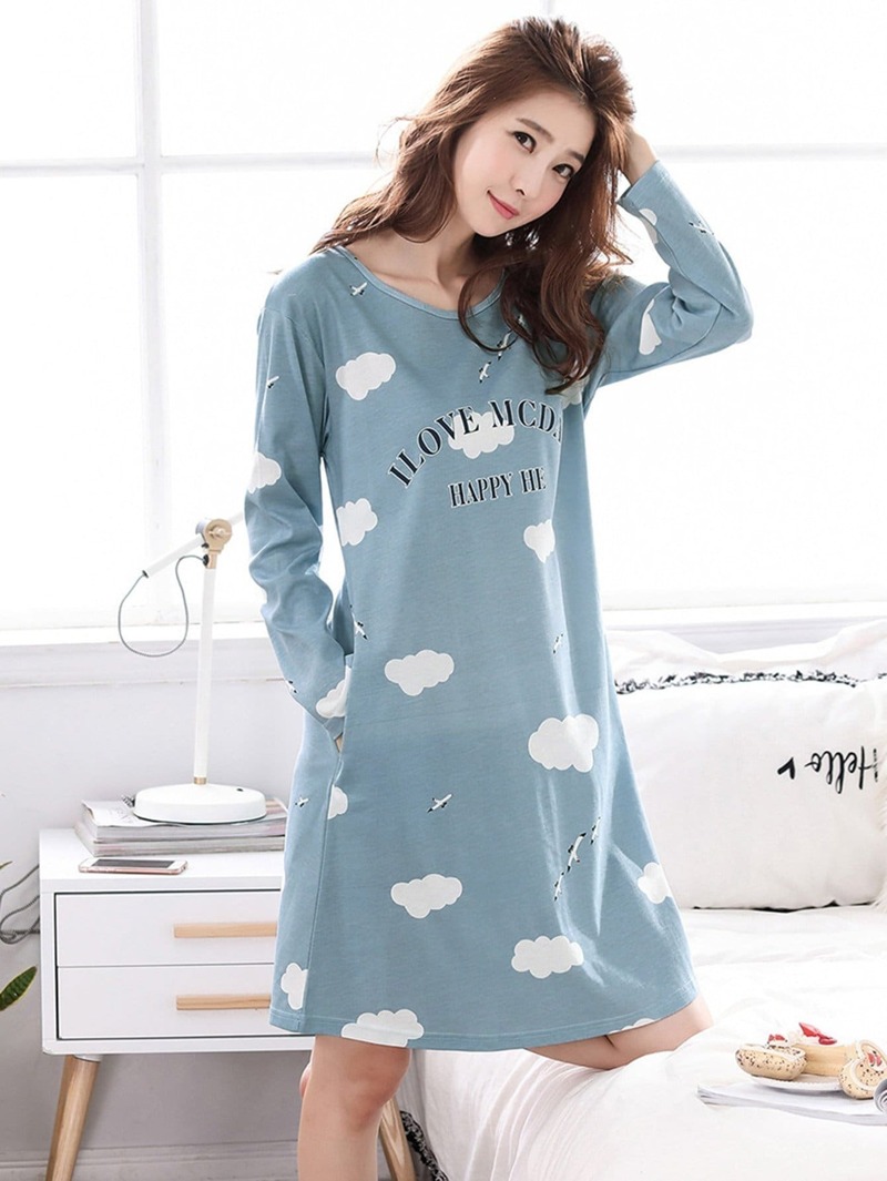 

Cloud & Letter Print Night Dress, Blue
