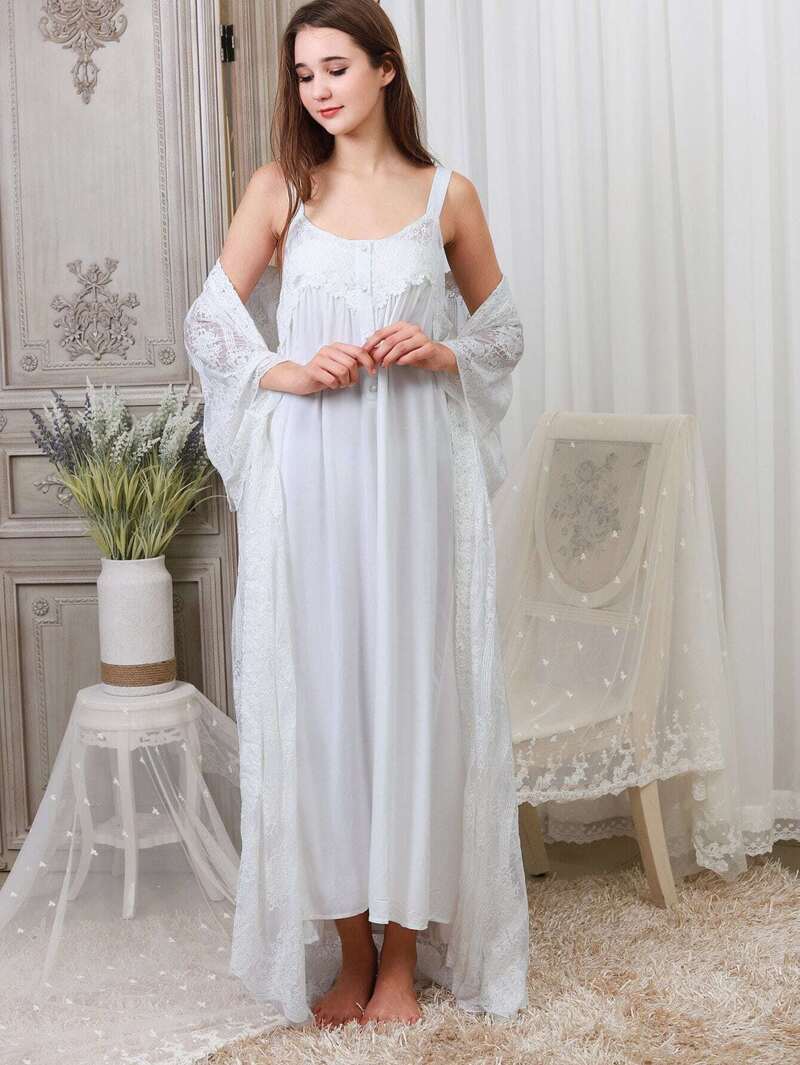 

Contrast Lace Night Dress With Robe, White