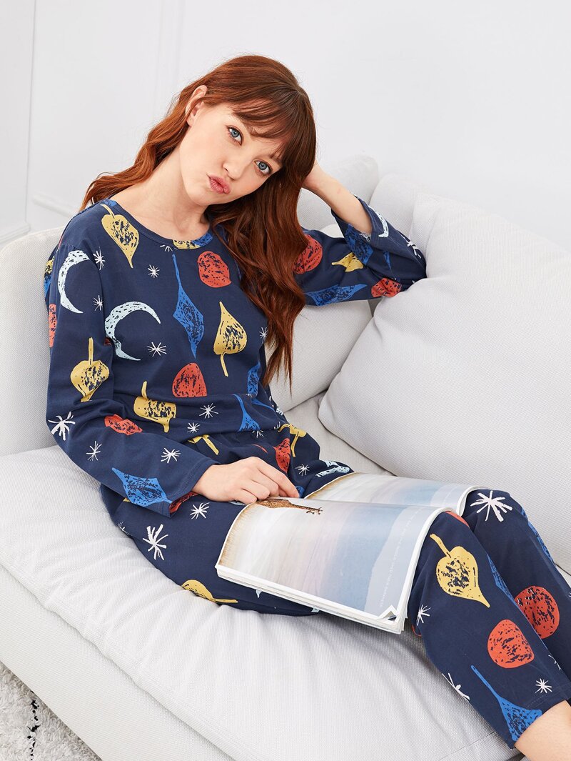 

Allover Galaxy Print Pajama Set, Navy, Poly