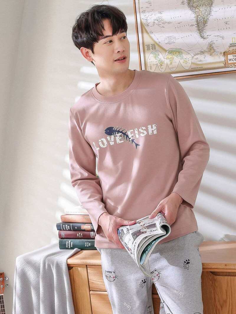 

Men Cat & Letter Print Pajama Set, Multicolor