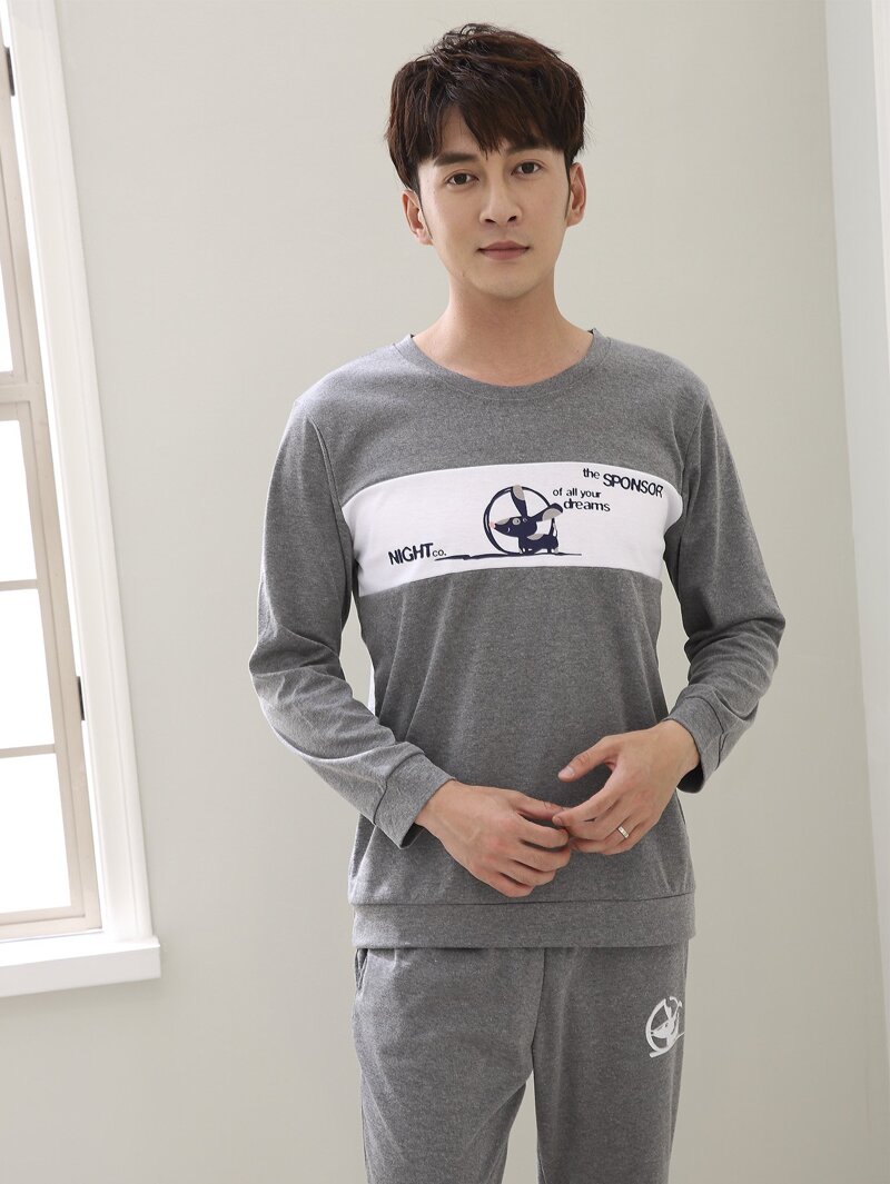

Men Cartoon & Letter Print Pajama Set, Grey