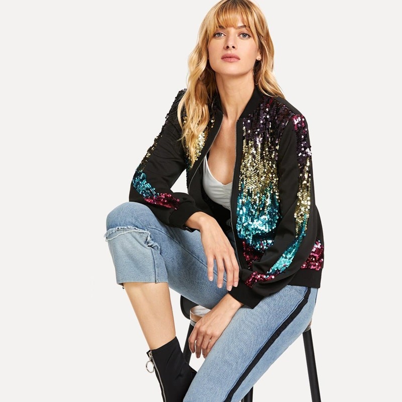 

Zip Up Contrast Sequin Jacket, Multicolor