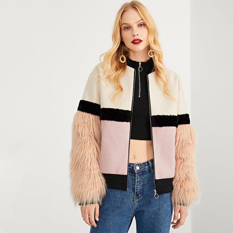 

Zip Up Faux Fur Sleeve Plaid Notched Coat, Multicolor