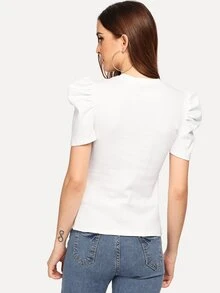 SHEIN Embroidered Floral Puff Sleeve Mock Tee - White - View 2