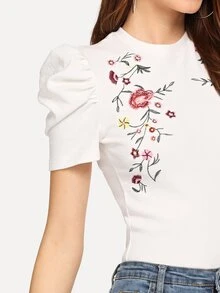 SHEIN Embroidered Floral Puff Sleeve Mock Tee - White - View 4