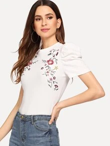 SHEIN Embroidered Floral Puff Sleeve Mock Tee - White - View 3