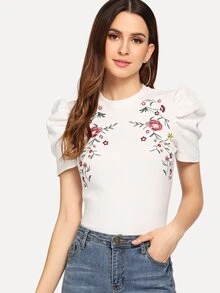 SHEIN Embroidered Floral Puff Sleeve Mock Tee - White - View 1