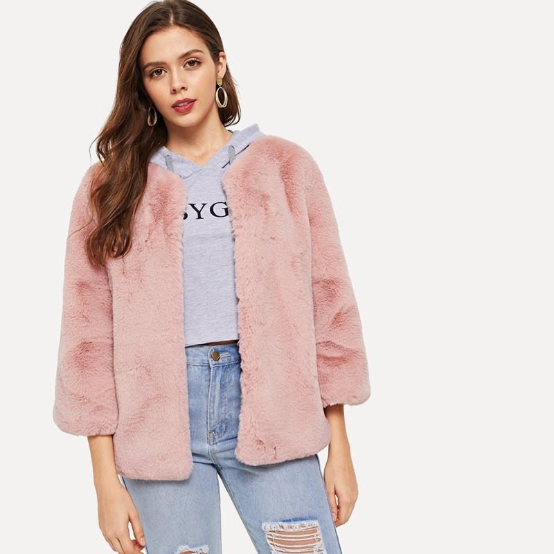 

Open Front Solid Faux Fur Coat, Pink