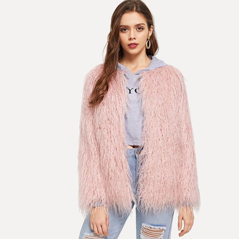 

Open Front Solid Faux Fur Coat, Pink