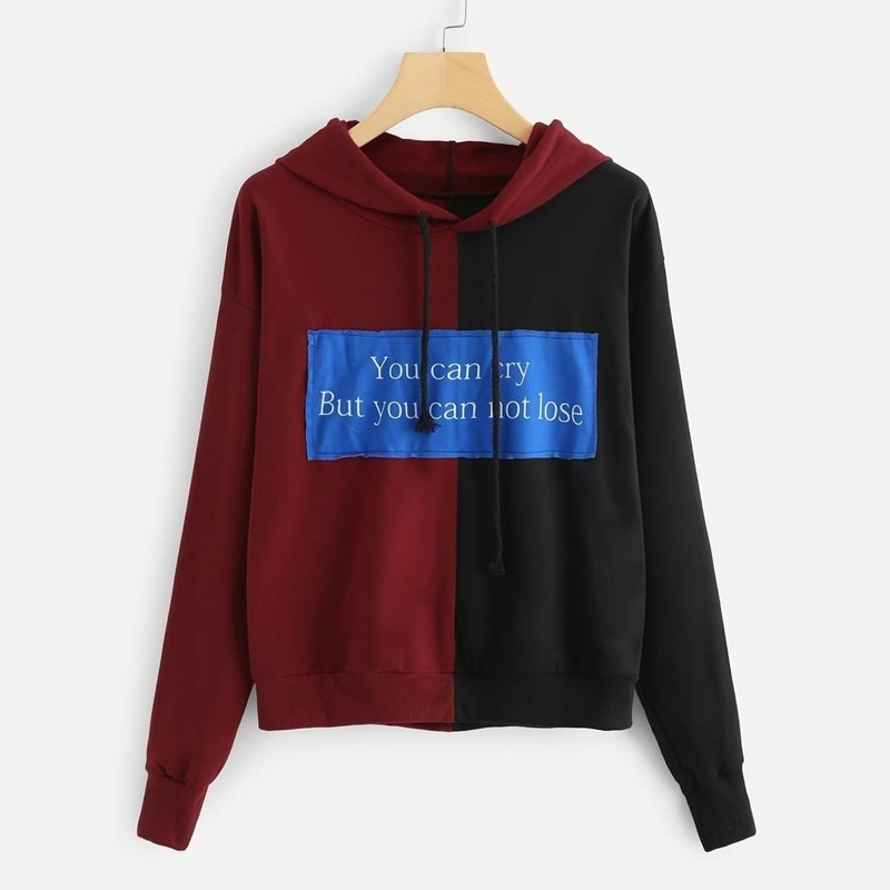

Colorblock Letter Patched Drawstring Sweatshirt, Multicolor