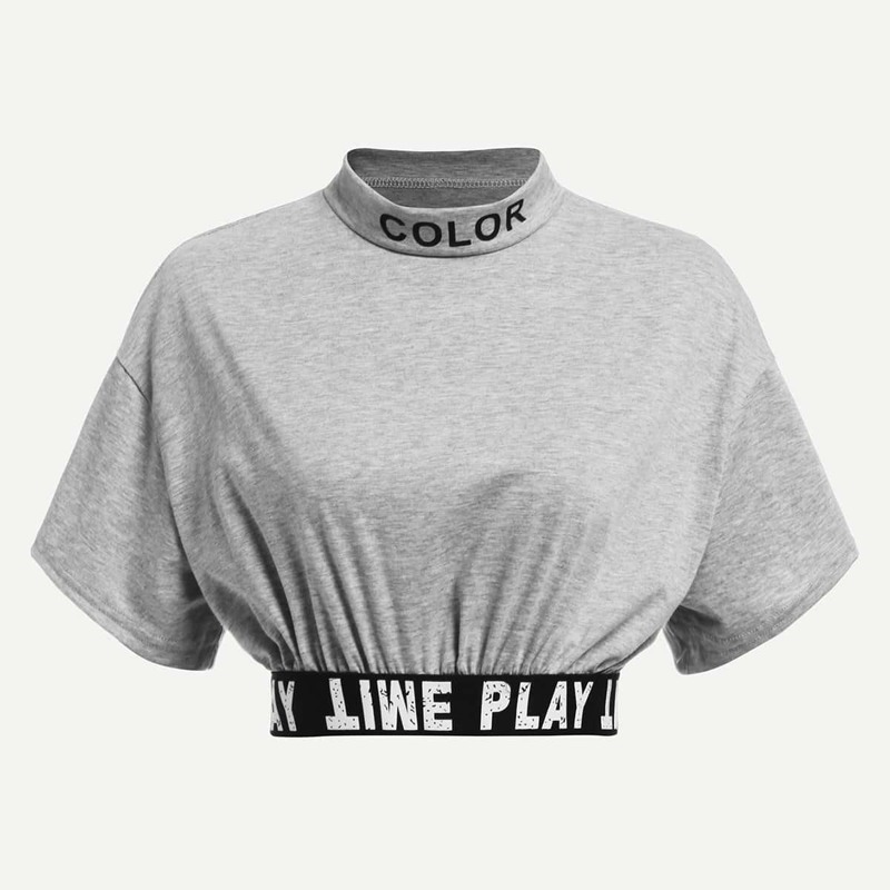 

Slogan Print Crop Tee, Grey