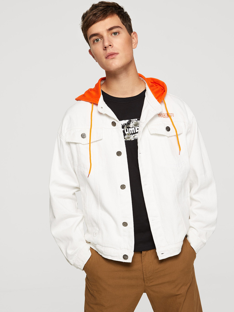 

Men Letter Print Hooded Denim Jacket, White, Vitaly
