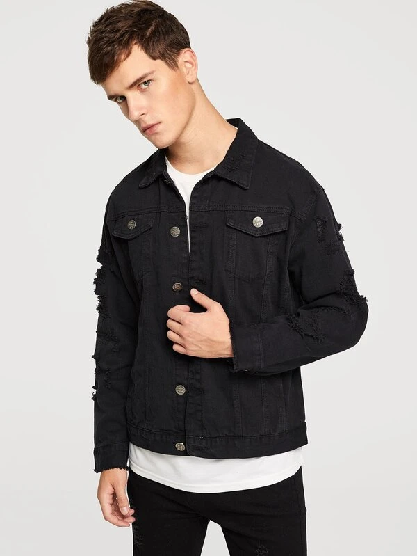 men ripped solid denim jacket