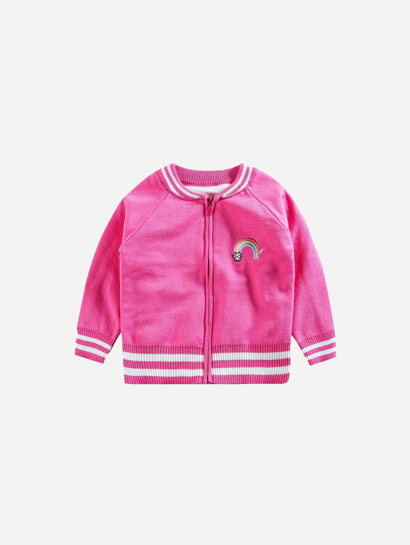 

Girls Contrast Striped Trim Embroidered Cardigan, Hot pink