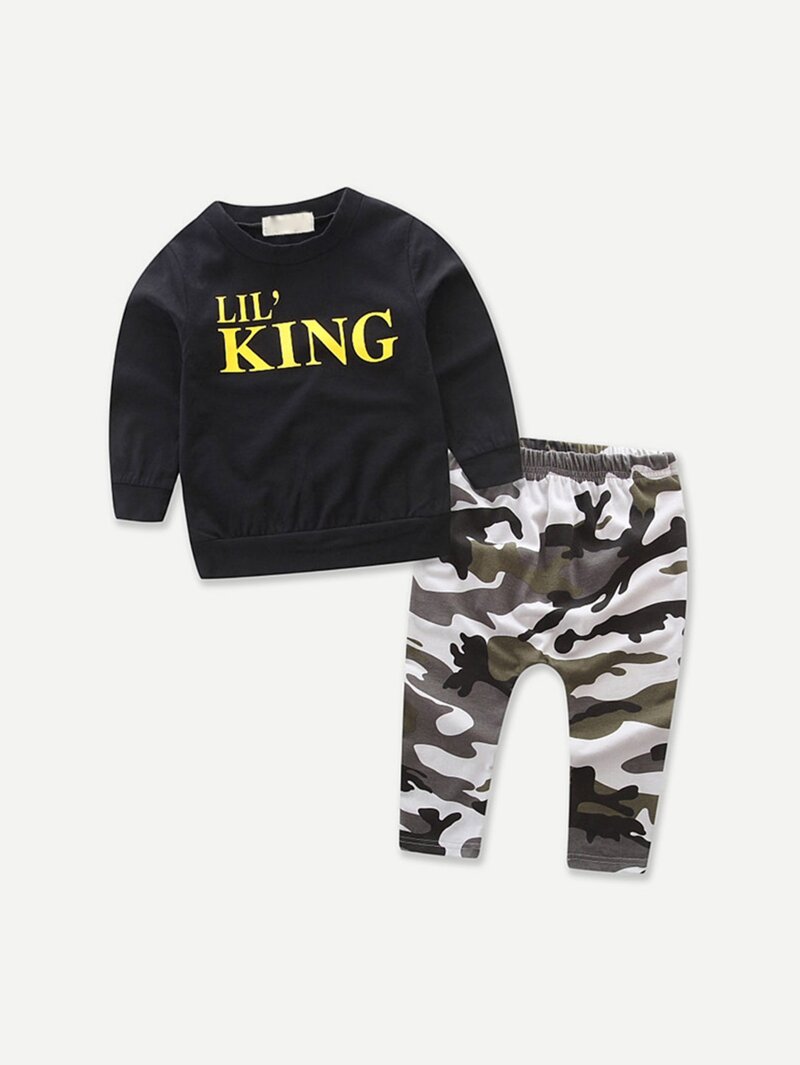 

Boys Letter Print Top With Camo Print Pants, Multicolor