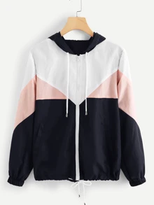 Color Block Drawstring Hem Hooded Jacket - Multicolor - View 1