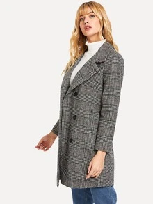 Plaid Double Breasted Long Coat - Black and White - View 3