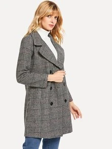 Plaid Double Breasted Long Coat - Black and White - View 4
