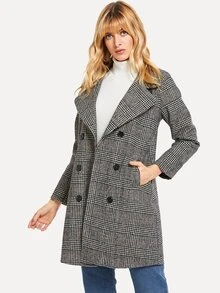 Plaid Double Breasted Long Coat - Black and White - View 1