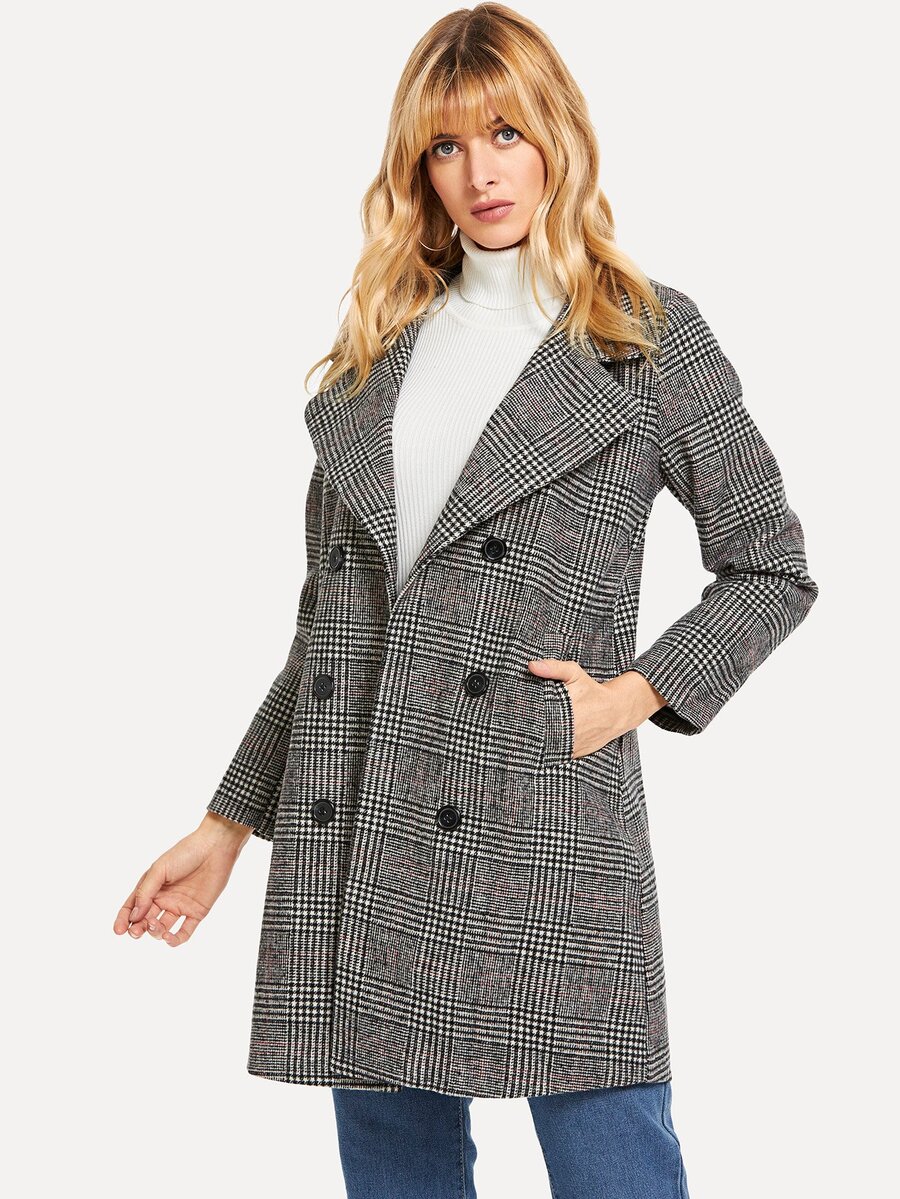 Plaid Double Breasted Long Coat - Black and White - View 1