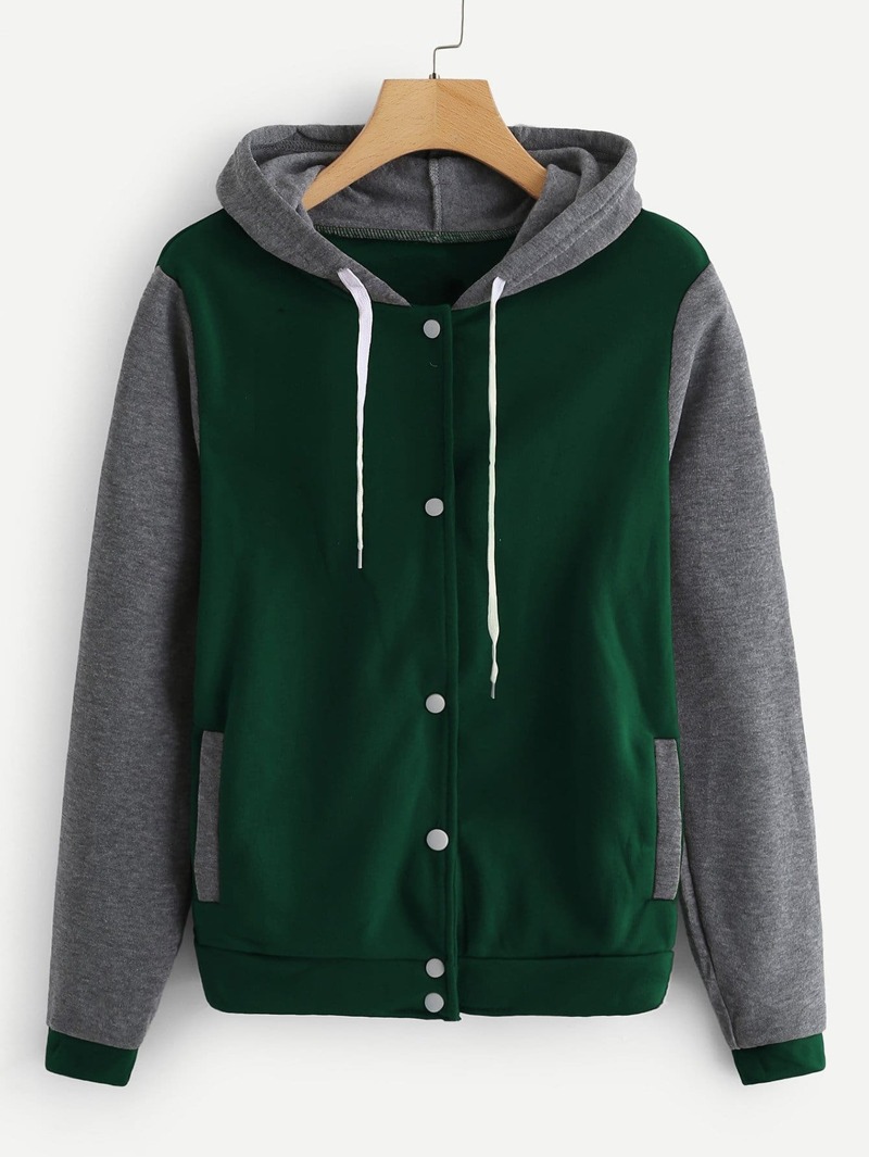 

Drawstring Hoodie Colorblock Jacket, Army green