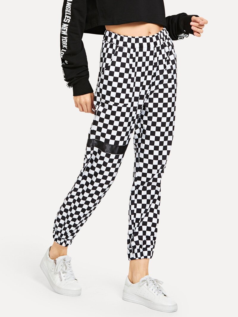 

Elastic Waist Plaid Pants, Black and white, Masha