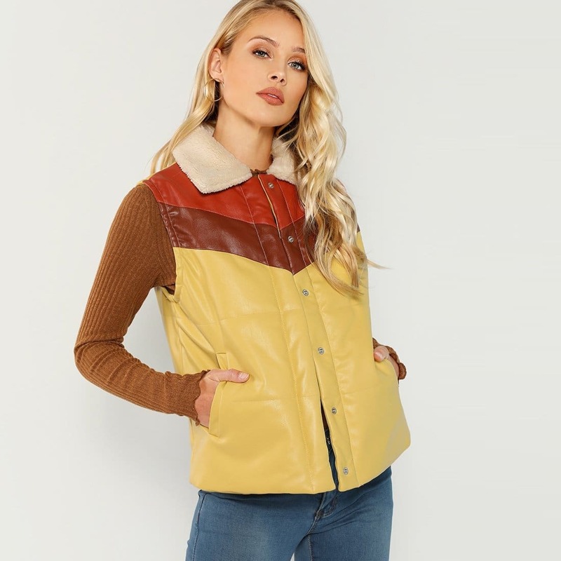 

Fleece Collar Color Block Faux Leather Puffer Jacket, Multicolor