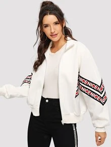 SHEIN 落肩字母印花拉鏈夾克 - 白色 - 查看 4