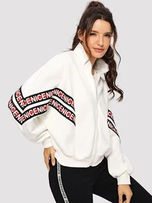 SHEIN 落肩字母印花拉鏈夾克 - 白色 - 查看 1
