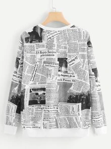 SHEIN Newspaper Print Sweatshirt - Black and White - View 2