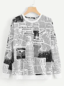 SHEIN Newspaper Print Sweatshirt - Black and White - View 1