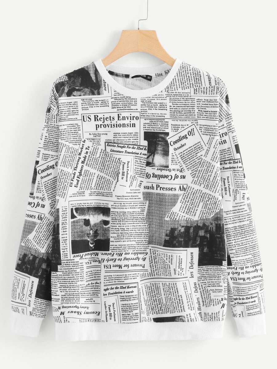 SHEIN Newspaper Print Sweatshirt - Black and White - View 1