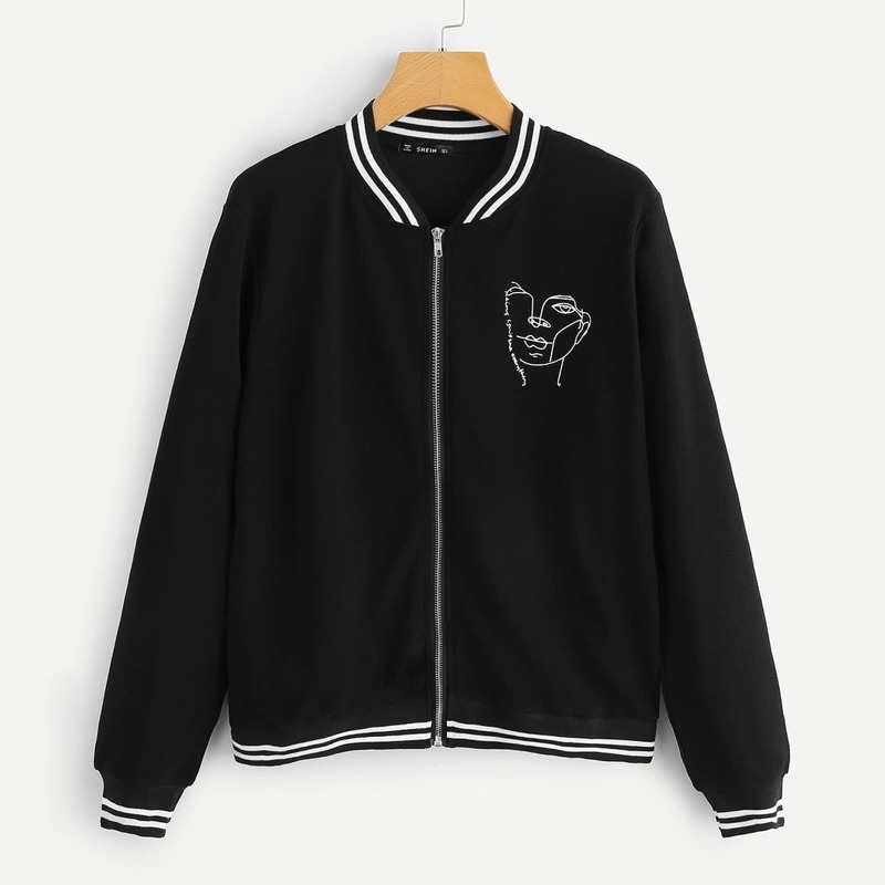 

Portrait Print Striped Bomber Jacket, Black