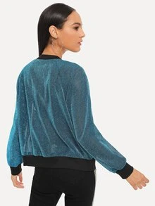 SHEIN Contrast Trim Glitter Jacket - Blue - View 2