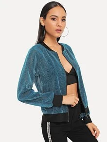 SHEIN Contrast Trim Glitter Jacket - Blue - View 4