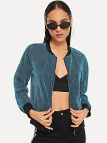 SHEIN Contrast Trim Glitter Jacket - Blue - View 1