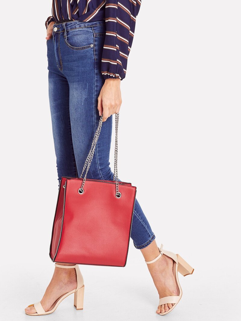 

Metal Ball Trim Chain Bag, Red