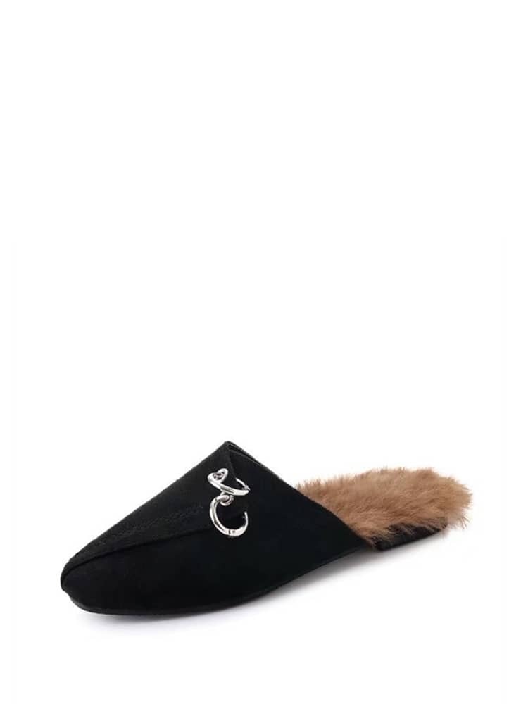 

Metal Detail Suede Flat Mules, Black