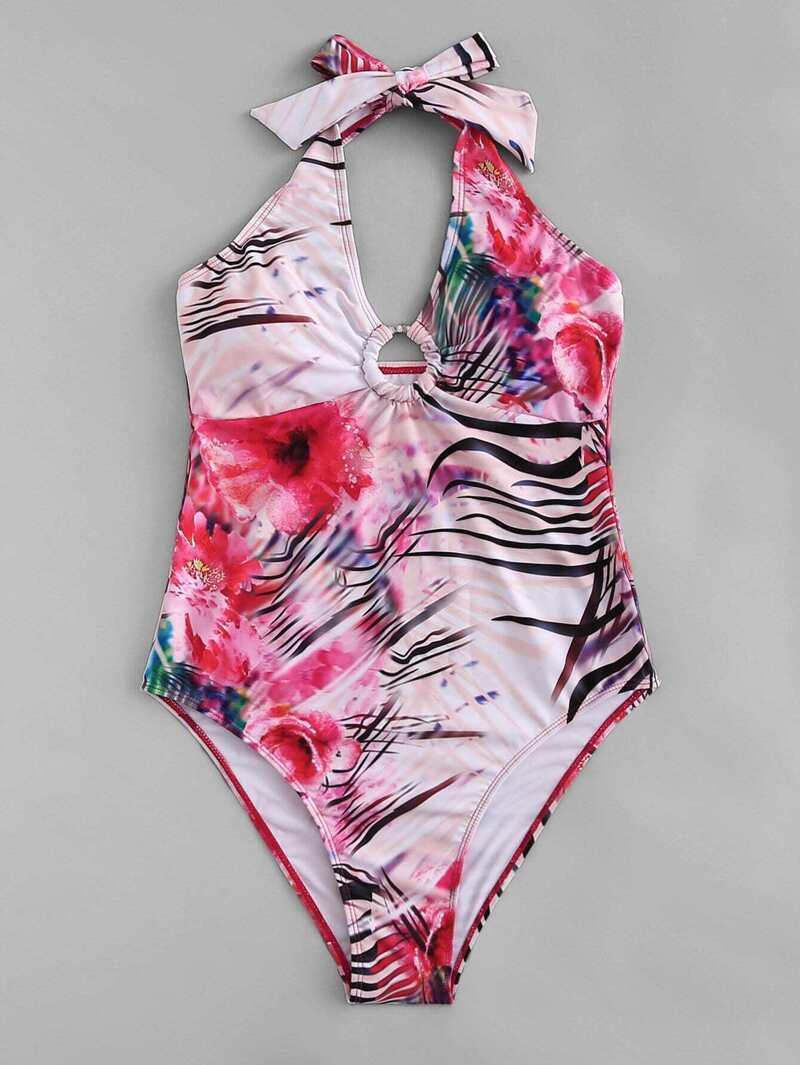 

Flower Print Halter Swimsuit, Multicolor