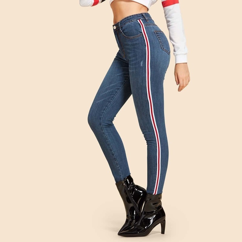 

Contrast Striped Tape Side Jeans, Blue